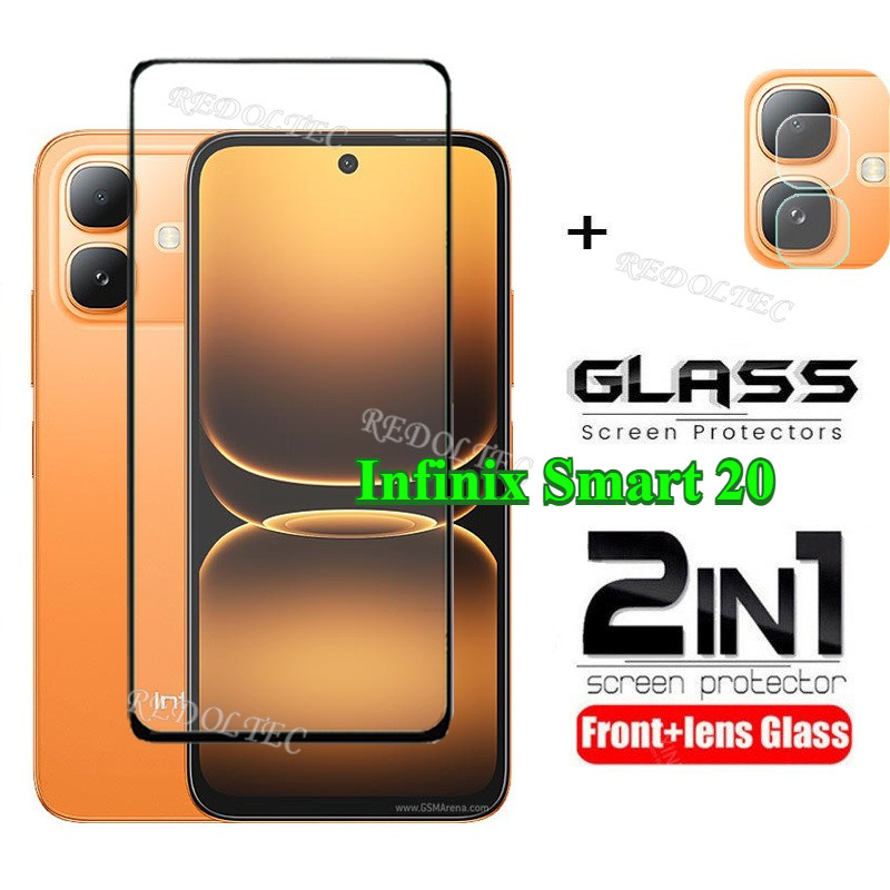 Infinix Smart 20 2 in 1 ปกป้องหน้าจอ + เลนส์ป้องกันคลุมทั้งหมดกาวเต็ม Infinix Smart20 ฟิล์มกระจกนิรภัยป้องกันพร้อมการป้องกันกล้อง Flim