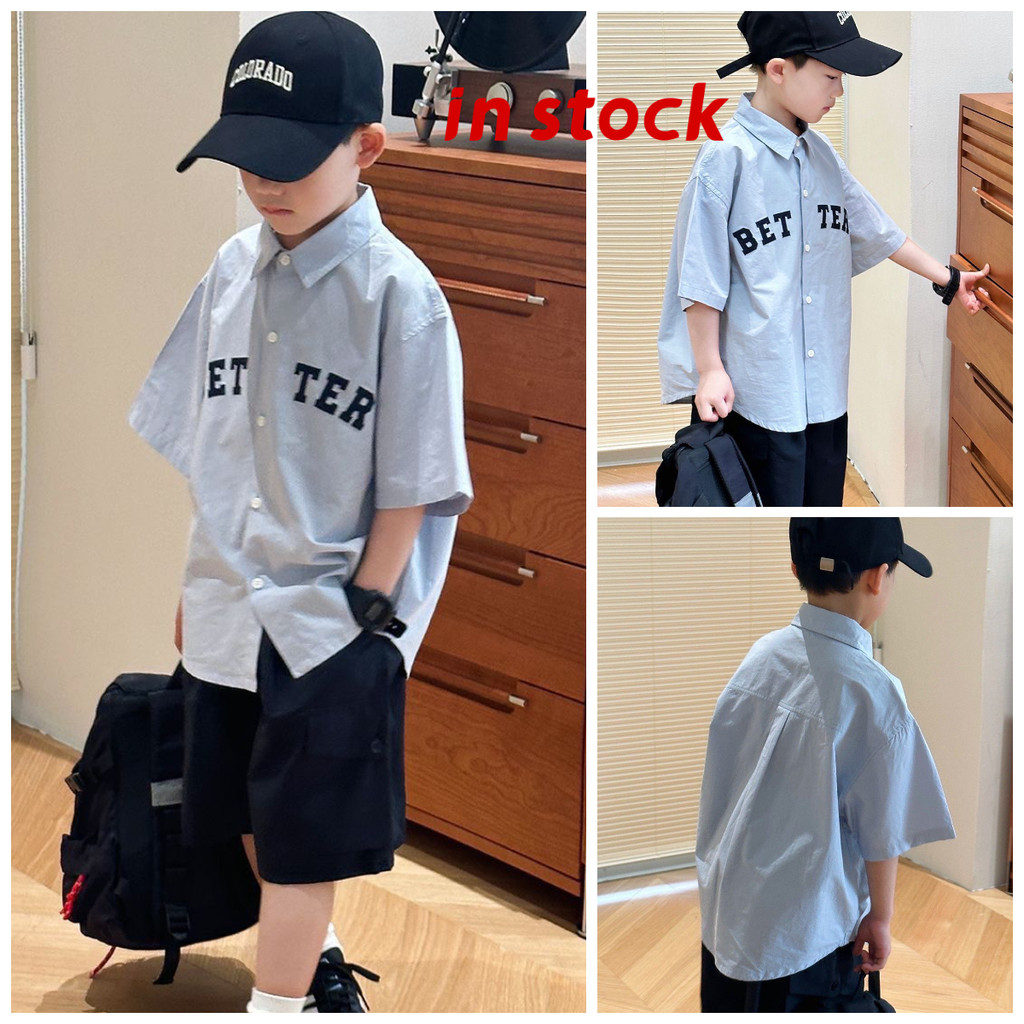 [Grojoy] ชุดเด็กชายฤดูร้อน รวมเสื้อเชิ้ตแขนสั้นและกางเกงขาสั้นสีดำ GRL917