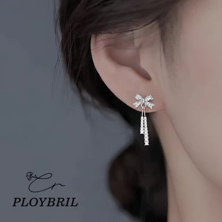 PLOYBRIL✨ตุ้มหูเงินแท้ Sway Bow ต่างหูยาว จี้โบว์ ต่างหูเพชร ต่างหูแฟชั่น ตุ้มหูเงิน ต่างหูสตรี E060