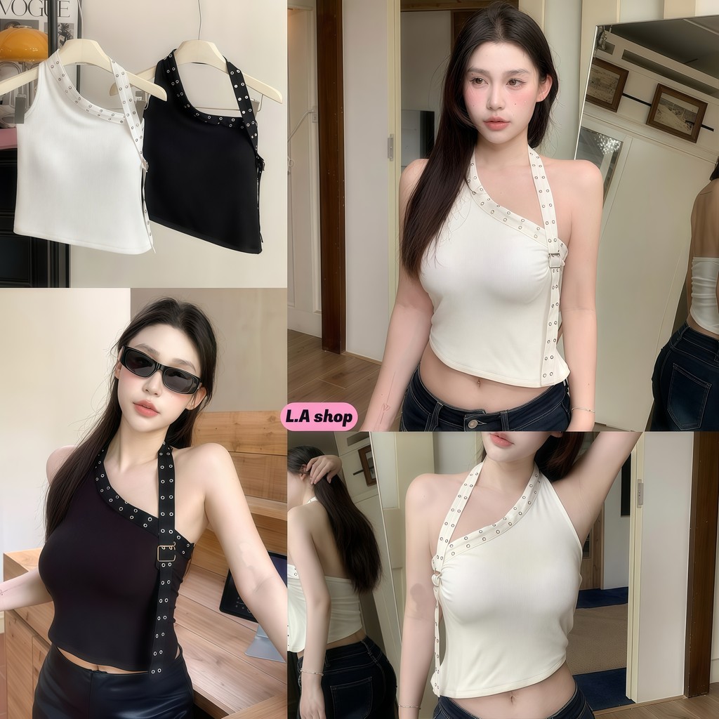 L.A Shop★พร้อมส่ง เสื้อแขนกุด เสื้อไหล่เฉียงเปิดไหล่ ดีไซน์ไม่เป็นระเบียบ ทรงรัดพอดี -FY2940#1