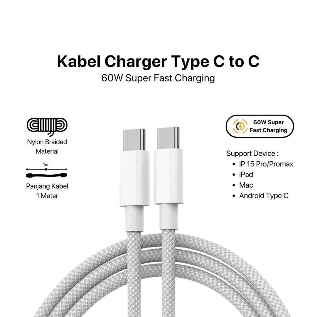 60W Fast Charger Type-C ถึง Type-C สายชาร์จเร็ว USB C Fast CHARGING สายถักสําหรับ IOS 17 1615 ชุด