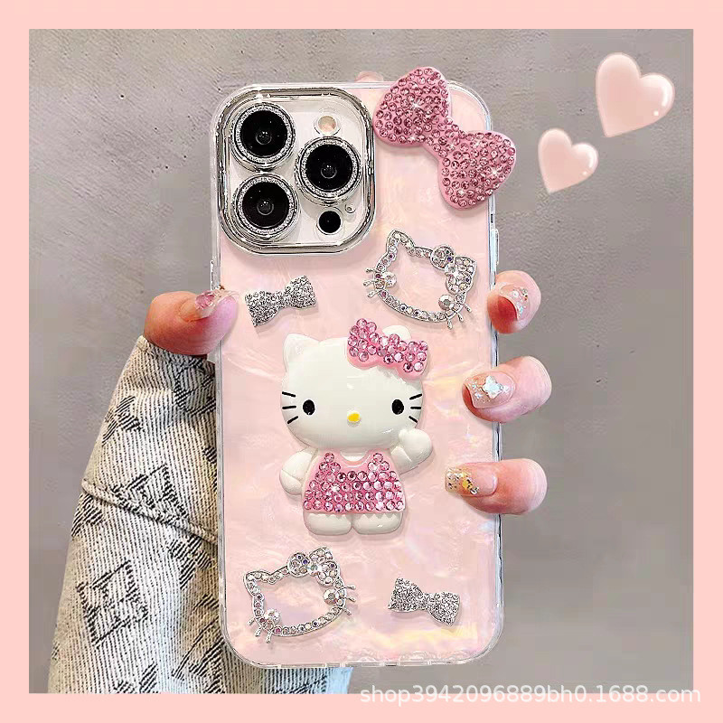 เหมาะสําหรับ Apple 16promax เคสโทรศัพท์ iphone15 Flash Diamond kt Cat Bow มาพร้อมฟิล์มเลนส์ 26.1.8