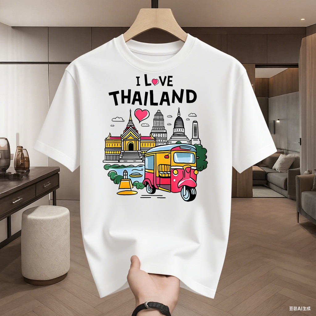 เสื้อยืด I LOVE THAILAND ลายวัดและตุ๊กตุง สีสันสดใส ผ้าเนื้อละเอียด ของฝากยอดนิยม