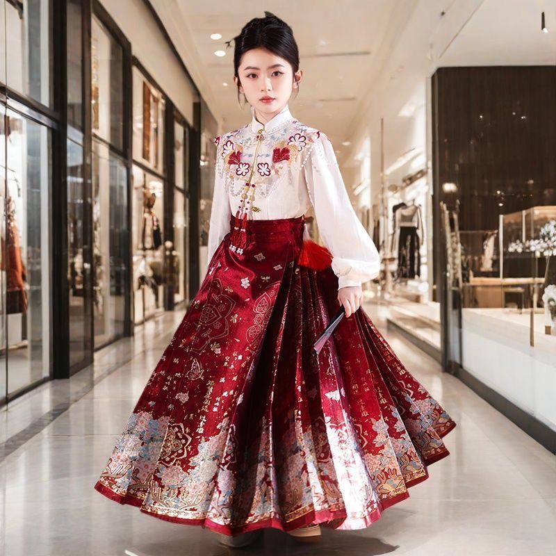 (พร้อมส่งจากจีน) ชุดฮันฝู กี่เพ้า กระโปรงหม่าเมี่ยน สีแดง ชุดตรุษจีน การแสดงสวยงามสำหรับเด็กผู้หญิง