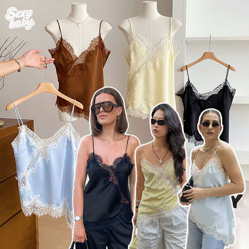 🩷sexy baby🩷เสื้อกล้ามสำหรับฤดูร้อน ลูกไม้ สายสะพายไหล่บาง คอวี ผ้าซาติน เซ็กซี่ สวมใส่สบาย หลายสี พร้อมส่ง