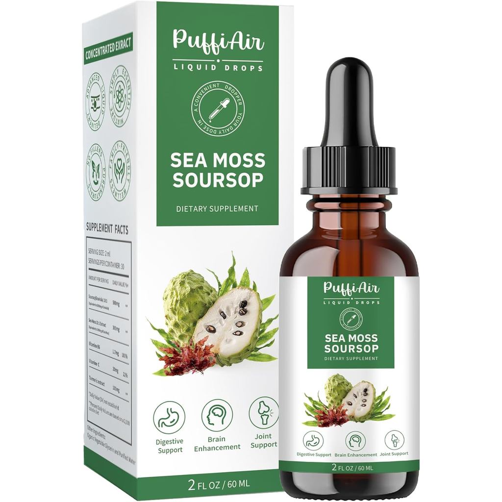 PUFFIAIR Soursop(Graviola) & Sea Moss Liquid Drop for Cell port & Regeneration, Immune Boost, Relax,