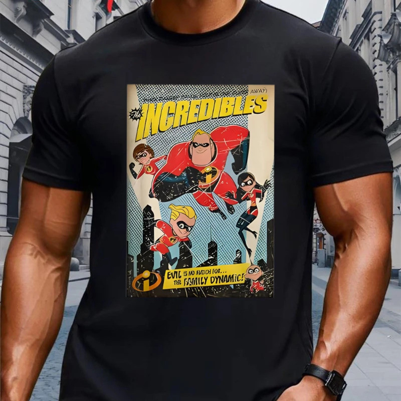 เสื้อยืดผู้ชายแบบเรโทรคอมิก พิมพ์ลายตัวละครดิสนีย์ รวมถึงเอลัสติกเกิร์ลและซูเปอร์ฮีโร่ FSH0