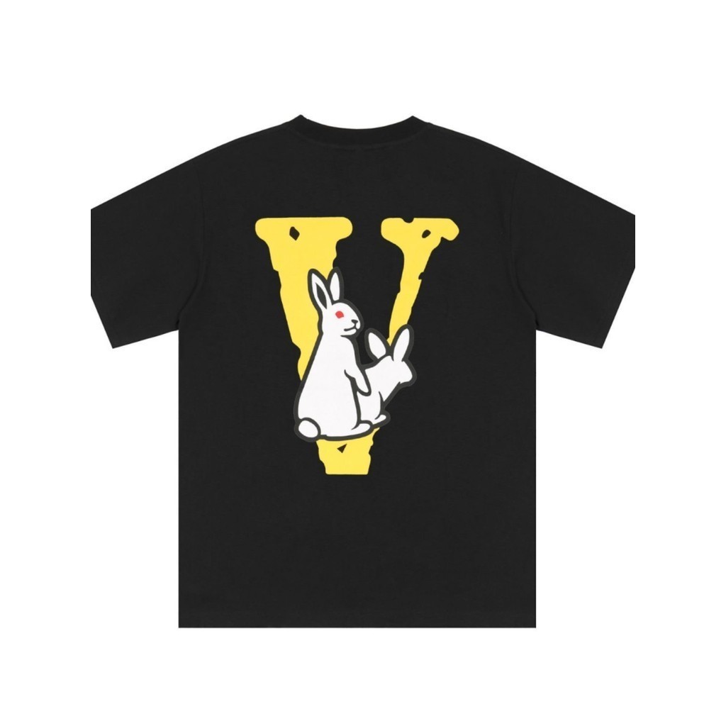 VLONE เสื้อยืดสตรีทเทรนด์สําหรับผู้ชายและผู้หญิงคู่ผ้าฝ้ายแท้กระต่ายบิ๊กวีพิมพ์หลวมแขนสั้น