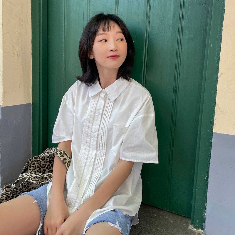 shayne-เสื้อสุภาพสตรี สีขาว ปุ่มกด เสื้อแขนสั้น ประเภทรุ่นหลวม สดชื่น หวาน วรรณกรรมและศิลปะ แฟชั่นสบาย ๆ วิทยาลัย ราคา ถูกที่สุด ดีลบีเคเค แกลเลอรีภาพที่ 2