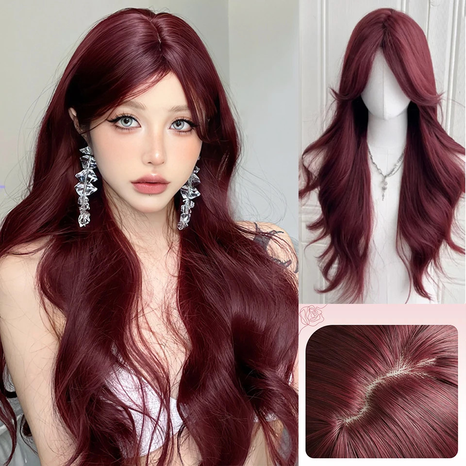 วิกผมคลื่นร่างกายยาว สีไวน์แดง ม้า ผมสังเคราะห์ทนความร้อน สำหรับคอสเพลย์และสวมใส่ในชีวิตประจำวัน