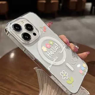 เคสโทรศัพท์แบบใสแม่เหล็กสำหรับ iPhone 17 11 12 13 14 Plus 15 Pro Max เคสลายดอกไม้กันกระแทกซิลิโคนฝาหลังแข็ง