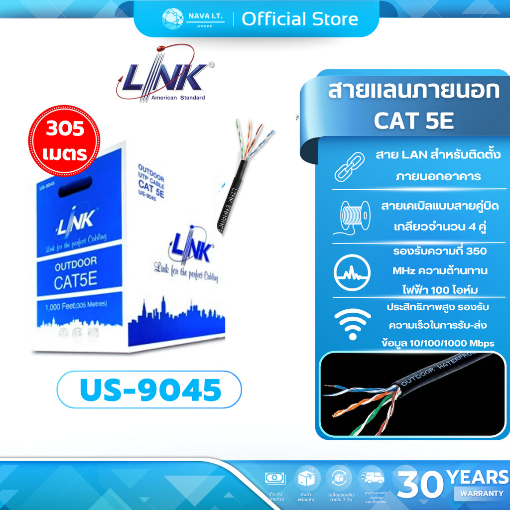 มีส่งด่วน LINK US-9106OUT OUTDOOR CAT6 UTP CABLE (305M/BOX) รับประกัน 30ปี