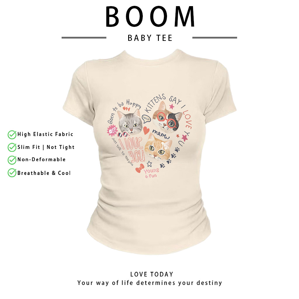 COD（จัดส่งภายใน 24 ชั่วโมง）เสื้อสาวอวบ เสื้อครอปท็อป แขนสั้น babytee สไตล์เกาหลี y2k T-shirt | แมวน่ารัก