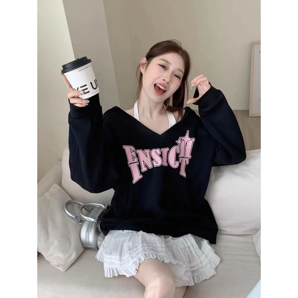 COD 2026 American Retro Lazy Style Halterneck Hooded Sweatshirt Women Early Autumn Vacation Loose La