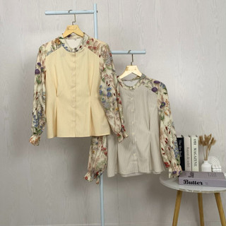 CHICMORE Kemeja Wanita Kuning/Khaki Motif Bunga Elegan | Atasan Wanita | Kemeja Casual Wanita | Kemeja Flowy | Original By CHICMORE.SOFT | Warna Kuning/Khaki | Kemeja Bordir | Kerah Mandarin | OOTD Hijab | Bahan Premium