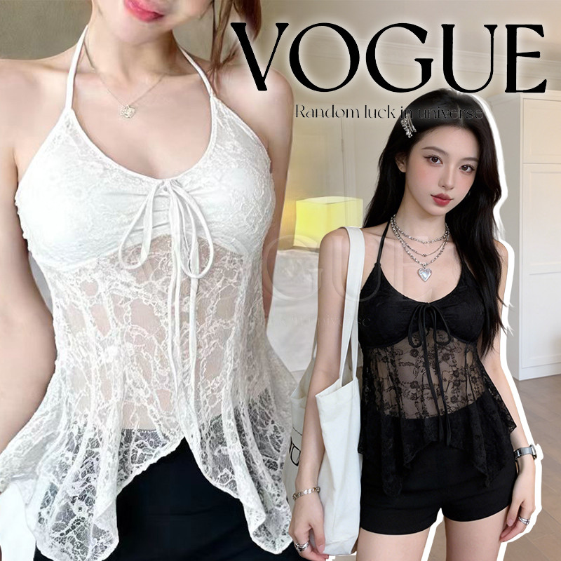 Vogue🌟พร้อมส่ง🌟 เสื้อคล้องคอ ผ้าลูกไม้โปร่งบางเบา ดีไซน์โบว์ผูก ทรงเอไลน์ ต้อนรับซัมเมอร์ (FY9093)