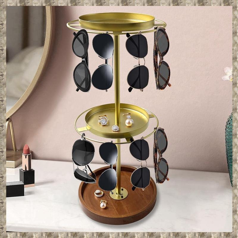 [zv0lma8i] ที่เก็บแว่นตาและแว่นกันแดด-360° ที่ใส่แว่นตาหมุนได้-ที่ใส่แว่นตาสีทองพร้อมฐานถาดไม้สําหรั