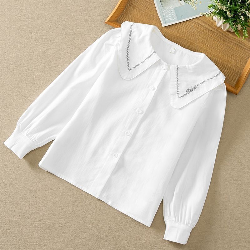 เสื้อแขนยาวผ้าฝ้ายแท้ สไตล์ตะวันตกสำหรับฤดูใบไม้ร่วง ไซส์กลาง สีขา&nbsp;อก คอดีไซน์ทันสมัย