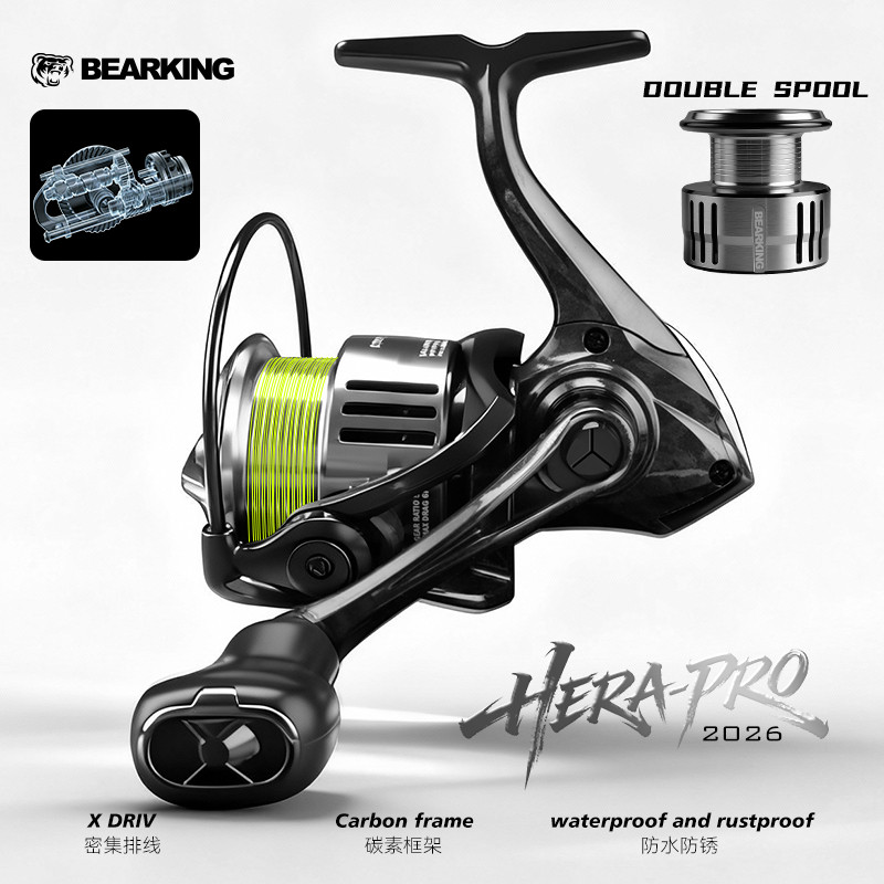 BEARKING HERA-PRO Worm Shaft Spinning Reel ขนาดยาว 3X พร้อมระบบการดึงที่ช้าและการวางสายที่หนาแน่น กรอบคาร์บอนทนทานและระบบเบรกสำหรับน้ำจืดและน้ำเค็ม
