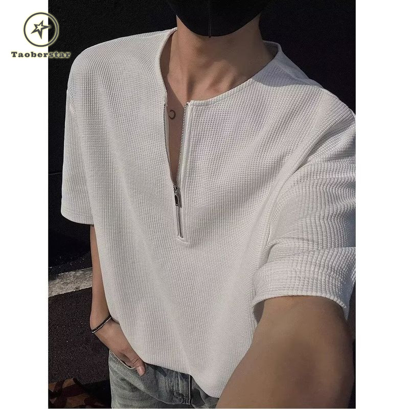 Taoberstar Upgrade Edition Waffle Knit Half-Zip T-Shirt for Men, Summer Casual Streetwear