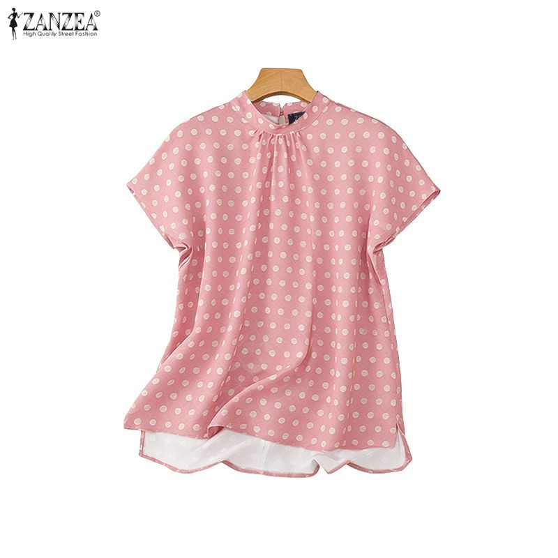 ZANZEA สไตล์เกาหลีสำหรับฤดูร้อน แขน Raglan ลายจุด มีปุ่มด้านหลัง เสื้อบาง