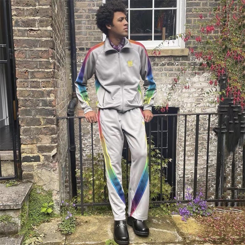 JADW NEEDLES AWGE Joint ASAP ROCKY Rainbow Webbing เสื้อแจ็คเก็ตลําลองกางเกงกีฬาสูทผู้ชาย
