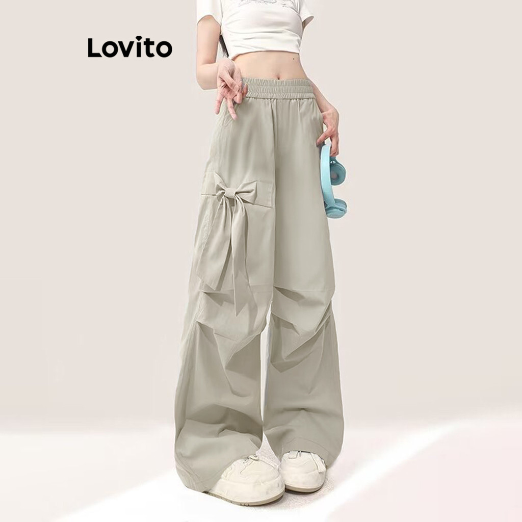 Lovito กางเกงหรูหรากางเกงจีบโบว์ธรรมดาสําหรับผู้หญิง LNE69381