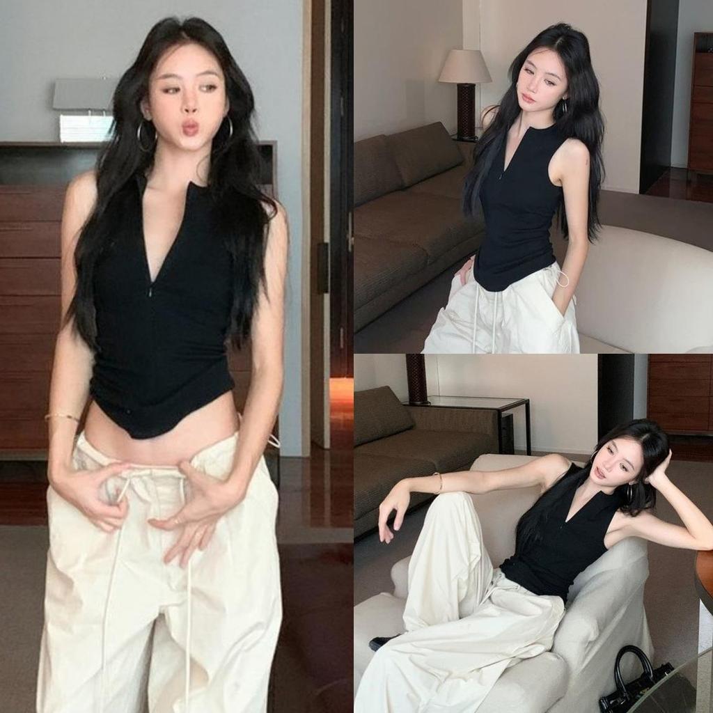 🌸GGals🌸เสื้อกล้ามผู้หญิง ซิปรูดด้ายหน้าสีพื้น ยืดพอดี ผ้านิ่ม เสื้อกล้าม ใส่สบาย แฟชั่น สไตล์ลำลอง เทศกาลสงกรานต์
