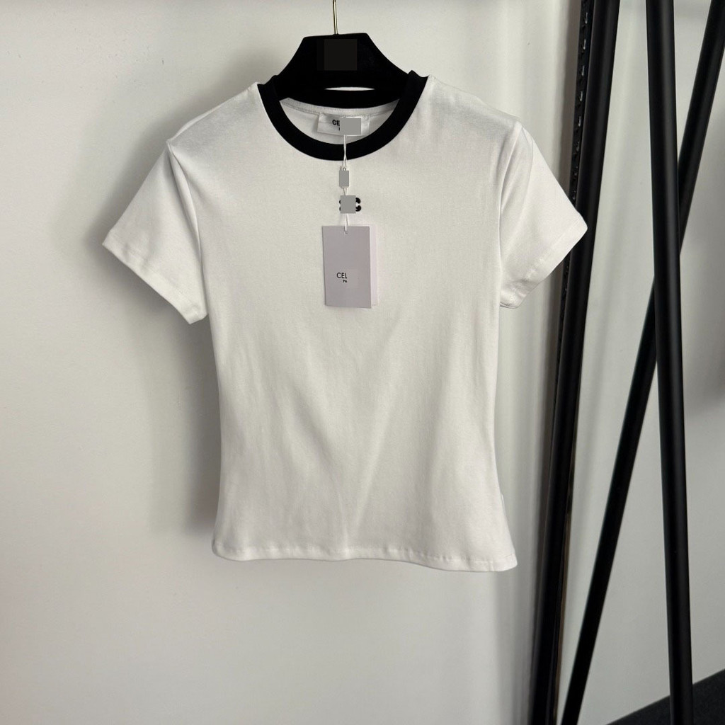 W3IC Arc de Triomphe อารมณ์ Slim-fit สวมใส่เย็บปักถักร้อยเรียบง่ายสีจับคู่รอบคอ Slim-fit เสื้อยืดแขน