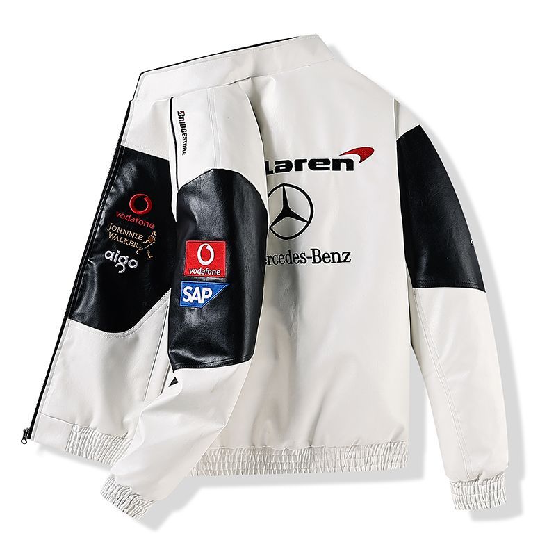 McLaren team jacket, F1 racing suit, Norris, Piastri, racing-style embroidered leather jacket