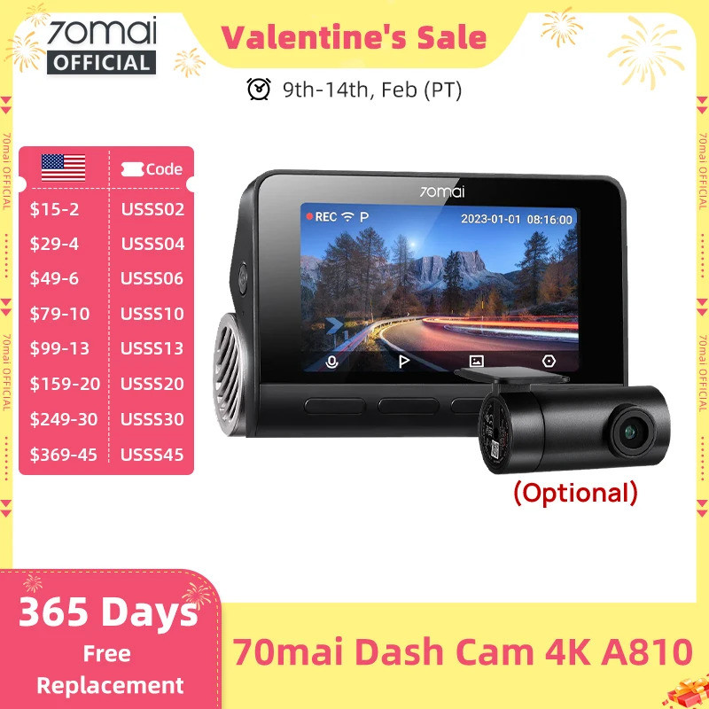 70mai 4K Dash Cam A810 ด้านหน้าด้านหลังชุด Suppor 4G โมดูล LTE UP04 รีโมทคอนโทรล GPS ADAS รถ DVR 70m