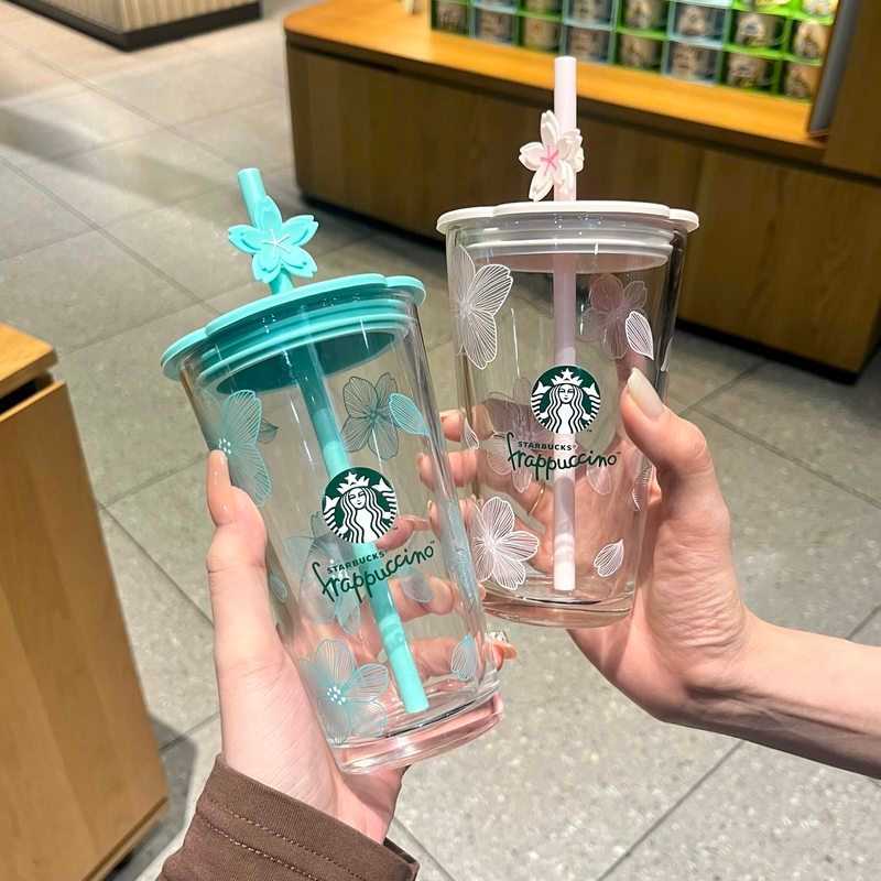 จัดส่งในวันเดียวกัน Starbucks Sakura 2025 Starbucks Pink Cherry Blossom Enjoy Glass Cat Claw Double 