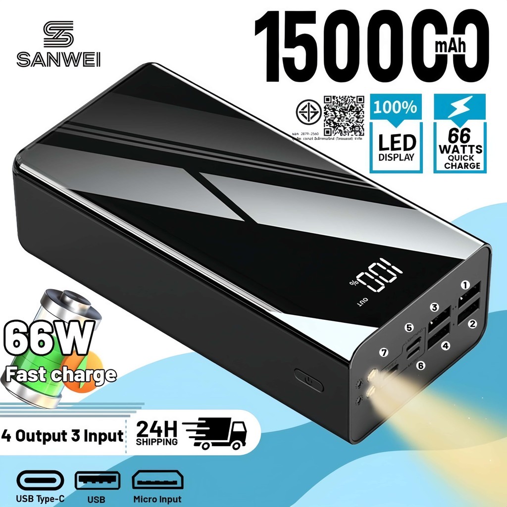 【รับประกัน 5 ปี】150000mAh สมาร์ทจอแสดงผลดิจิตอลไฟ นํา 3 อินพุต 4 เอาต์พุตชาร์จเร็วธนาคารพลังงาน Powe