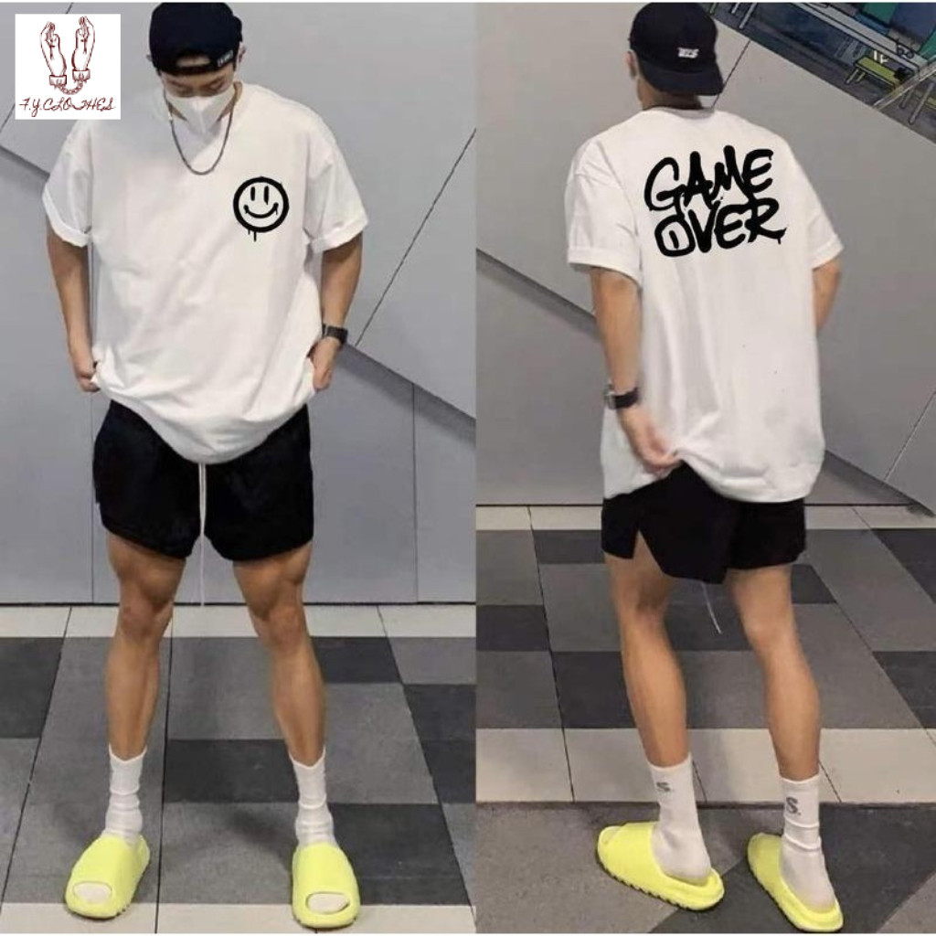 เสื้อยืดคอกลม สวมใส่สบาย พิมพ์ลายหน้ายิ้มและตัวอักษรเรียบง่าย