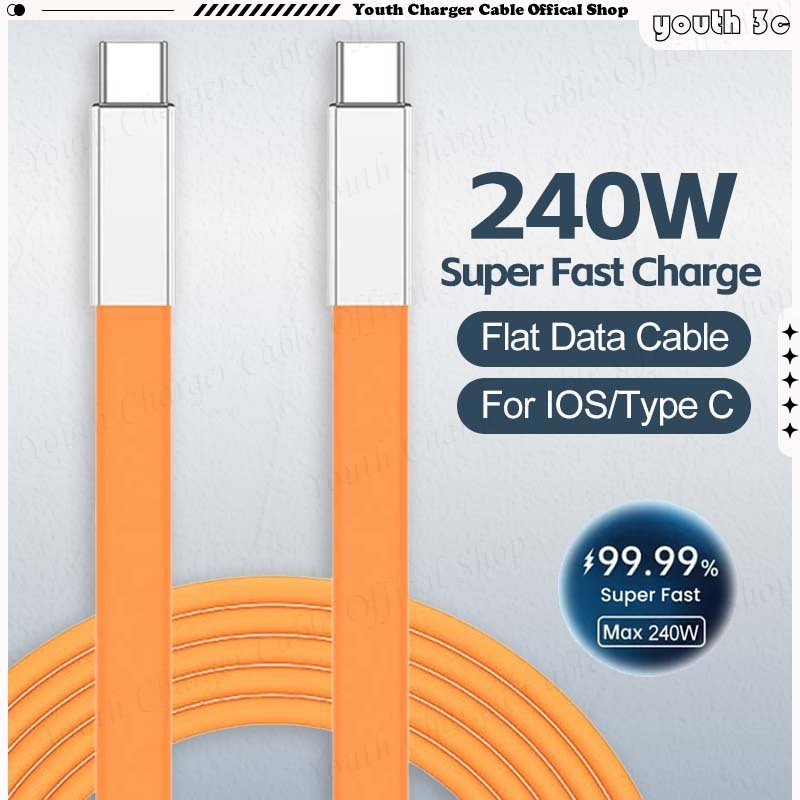 240W Super Fast Charging Data CABLE ประเภท C ถึง Type C แบนสายชาร์จ Anti-Burding Soft ซิลิโคน 6A สายชาร์จสําหรับโทรศัพท์/แท็บเล็ต
