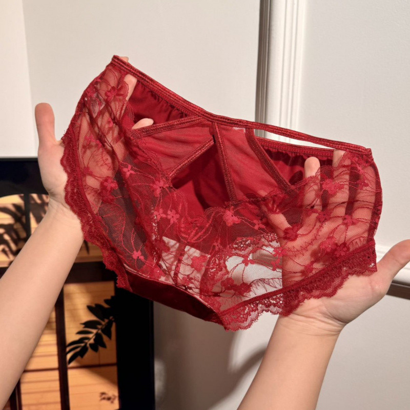 Burgundy Benming กางเกงเซ็กซี่ ลายปีลูกไม้ ไร้รอยต่อ ยืดหยุ่นสูง สวมใส่สบาย