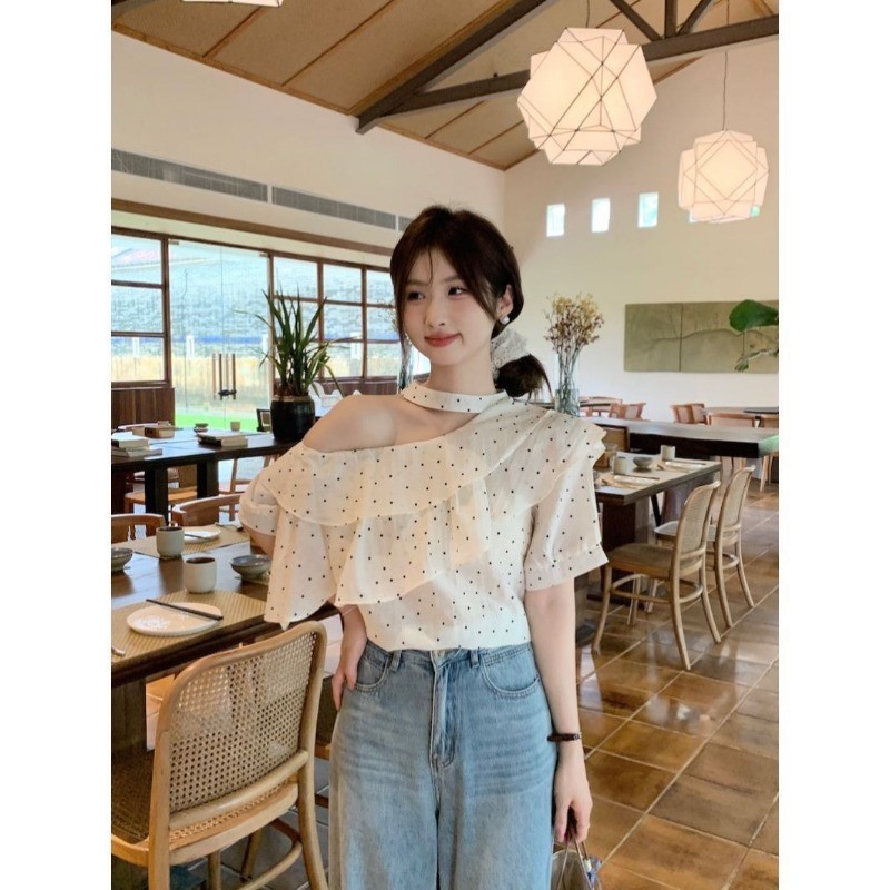 FY-เสื้อสุภาพสตรี เสื้อแขนสั้น รุ่นปิดไหล่ ลายพิมพ์ ลายจุด หวาน น่ารัก แฟชั่นสบาย ๆ