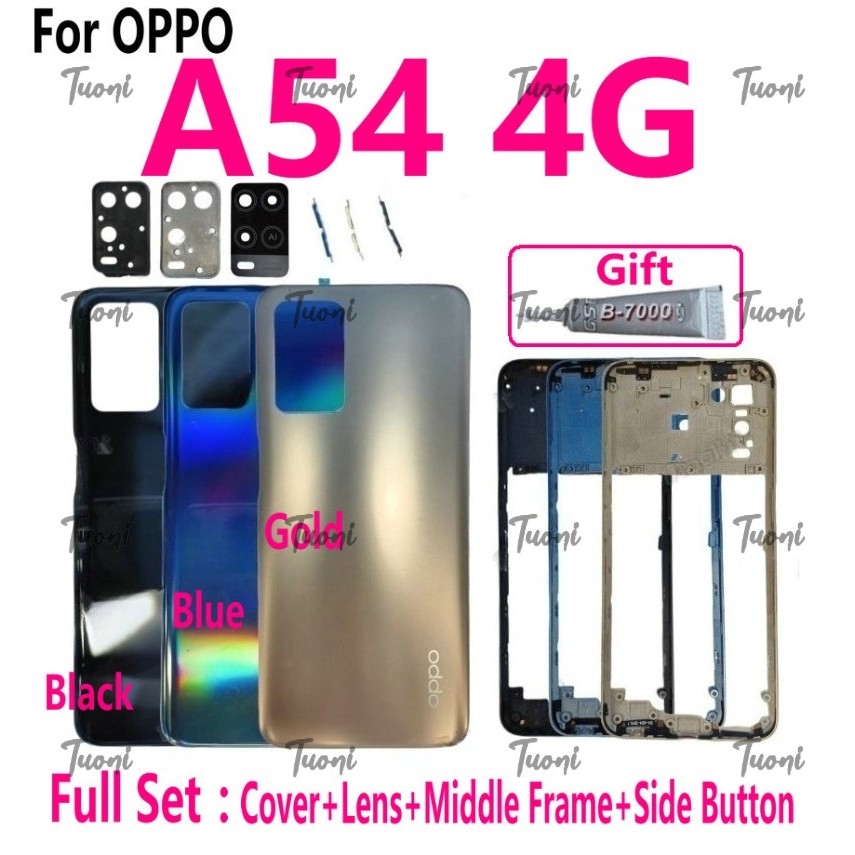1. สําหรับOppo A54 4Gปกหลังพร้อมเลนส์กล้องกรอบกลางปุ่มด้านข้างแบตเตอรี่ประตูด้านหลังกรณีปกหลังเปลี่ยนชิ้นส่วน