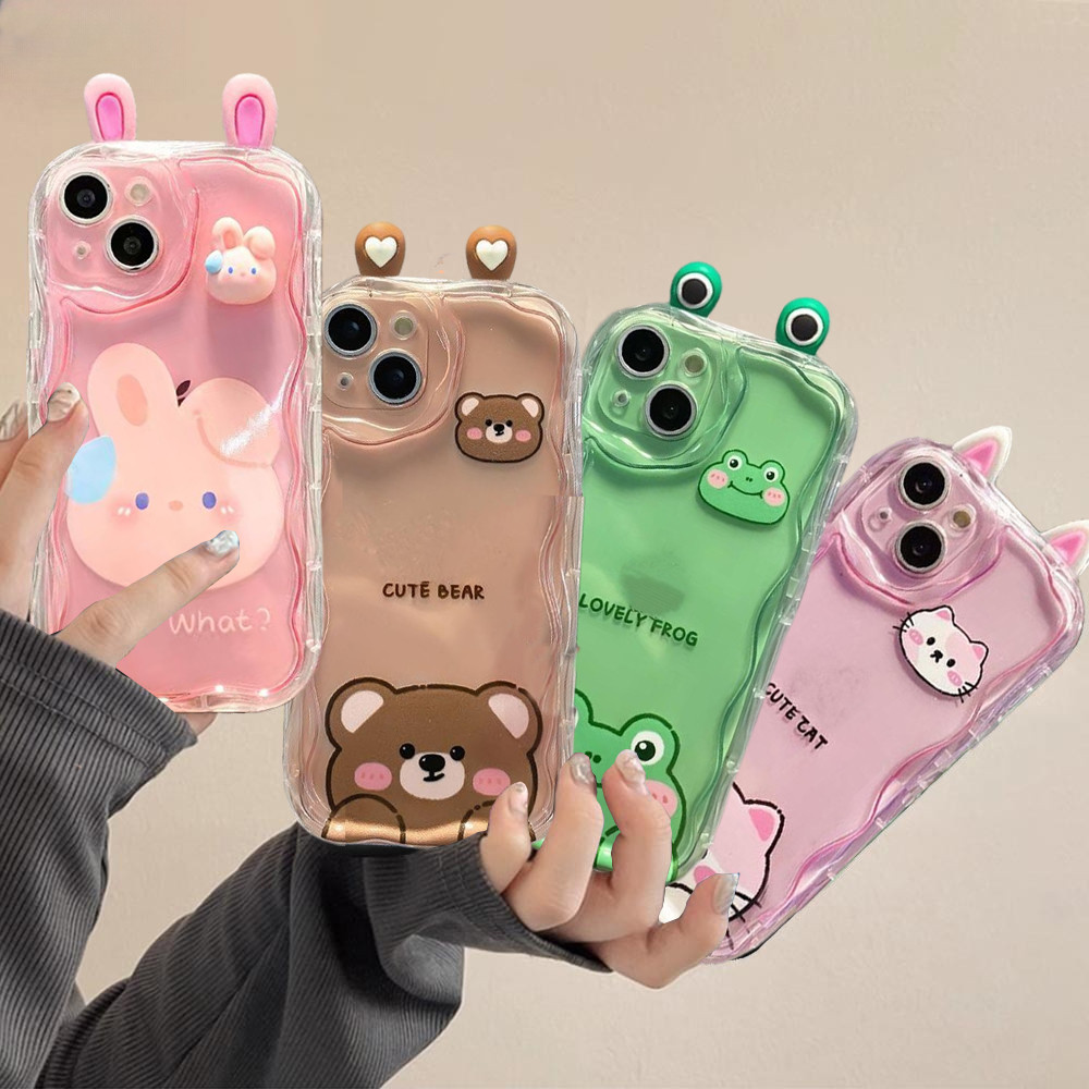 SAMSUNG สําหรับSamsung Galaxy S25 S26 Ultra S24 S23 Plus S24FE S23FEนุ่ม 3Dน่ารักกระต่ายหมีกบหูตุ๊กตาการ์ตูนซิลิโคนWaveด้านข้าง
