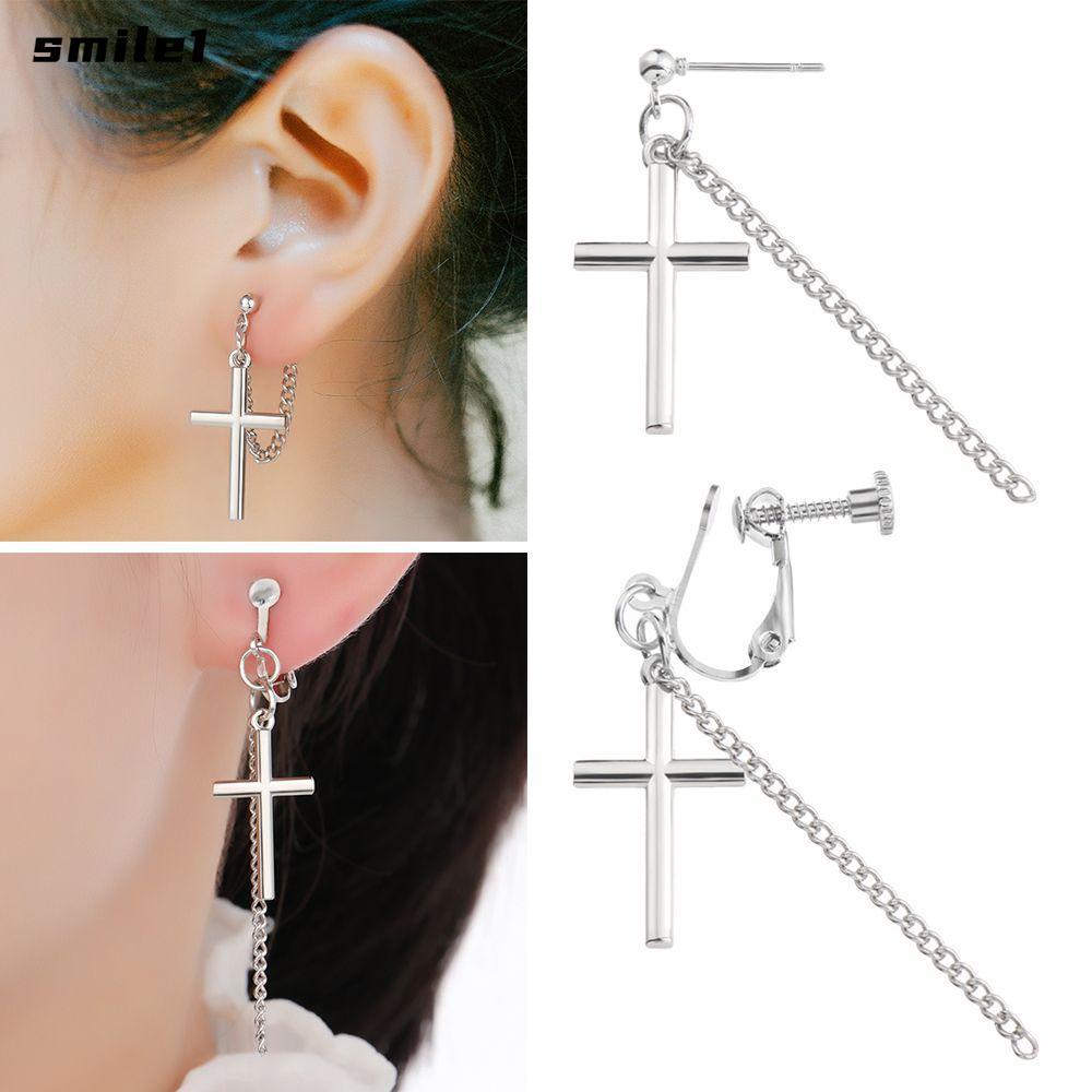 SMILE Cross Chain ต่างหู Super Cool หล่อ Dark ไม่มีเจาะ