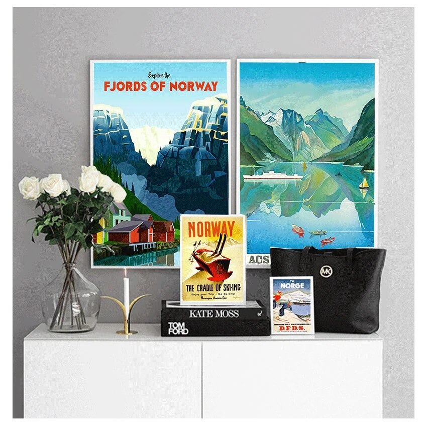 ครอบครัวสกีในนอร์เวย์ Norge Fjords แผนที่ Vintage Retro Travel คลาสสิกผ้าใบภาพวาดโปสเตอร์ Wall Art ส