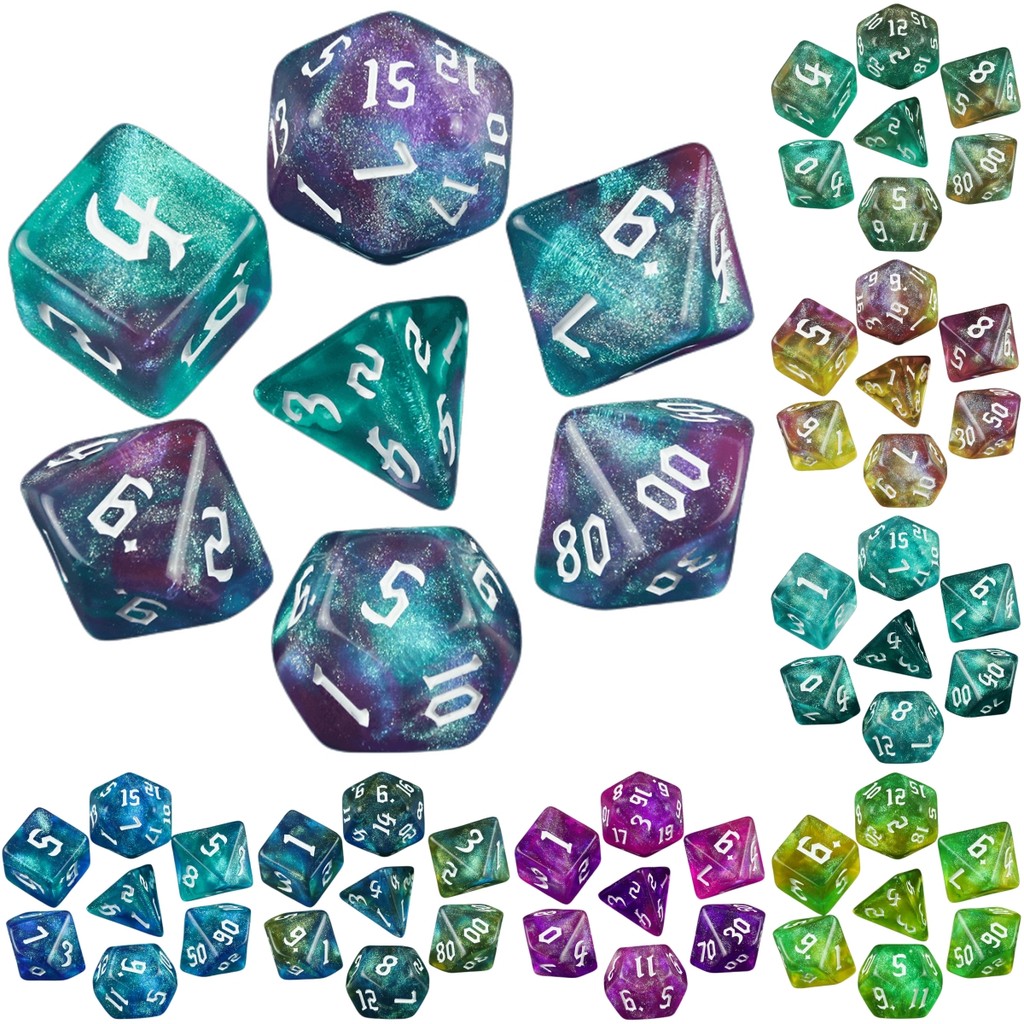 ผสมสีลูกเต๋า 7pcs DND ลูกเต๋า D4-D20 ลูกเต๋า Polyhedral พร้อม Glitter Effect สําหรับเกมกระดานบทบาทเล