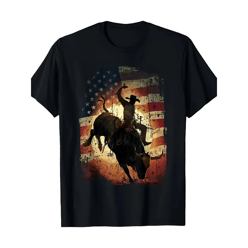 Cowboy wrestling rider patriotic cowboy men's solid-color short-sleeved casual round-neck shirt | Co