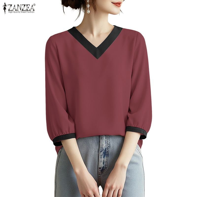 ZANZEA ผู้หญิงเกาหลีลําลอง V คอ 3/4 แขนโคมไฟ Contrast Splicing ปุ่มด้านหลังเสื้อหลวม — صورة 6