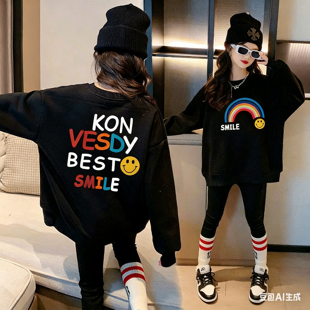 ((จัดส่งตลอด 24 ชั่วโมง) สาว 2026 เสื้อสเวตเตอร์พิมพ์ลายบางแขนยาวแบบใหม่ฤดูใบไม้ผลิฤดูใบไม้ร่วงอินเทรนด์น่ารักกลางเด็กใหญ่เสื้