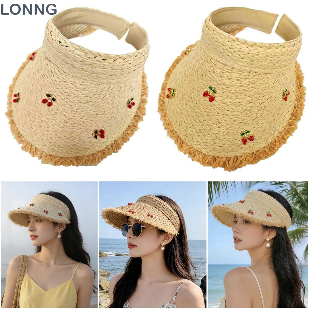 หมวกฟางเปิดมงกุฎกันแดดริมฝัง สไตล์ที่คาดผม สี beige khaki cherry strawberry เหมาะสำหรับวันหยุด