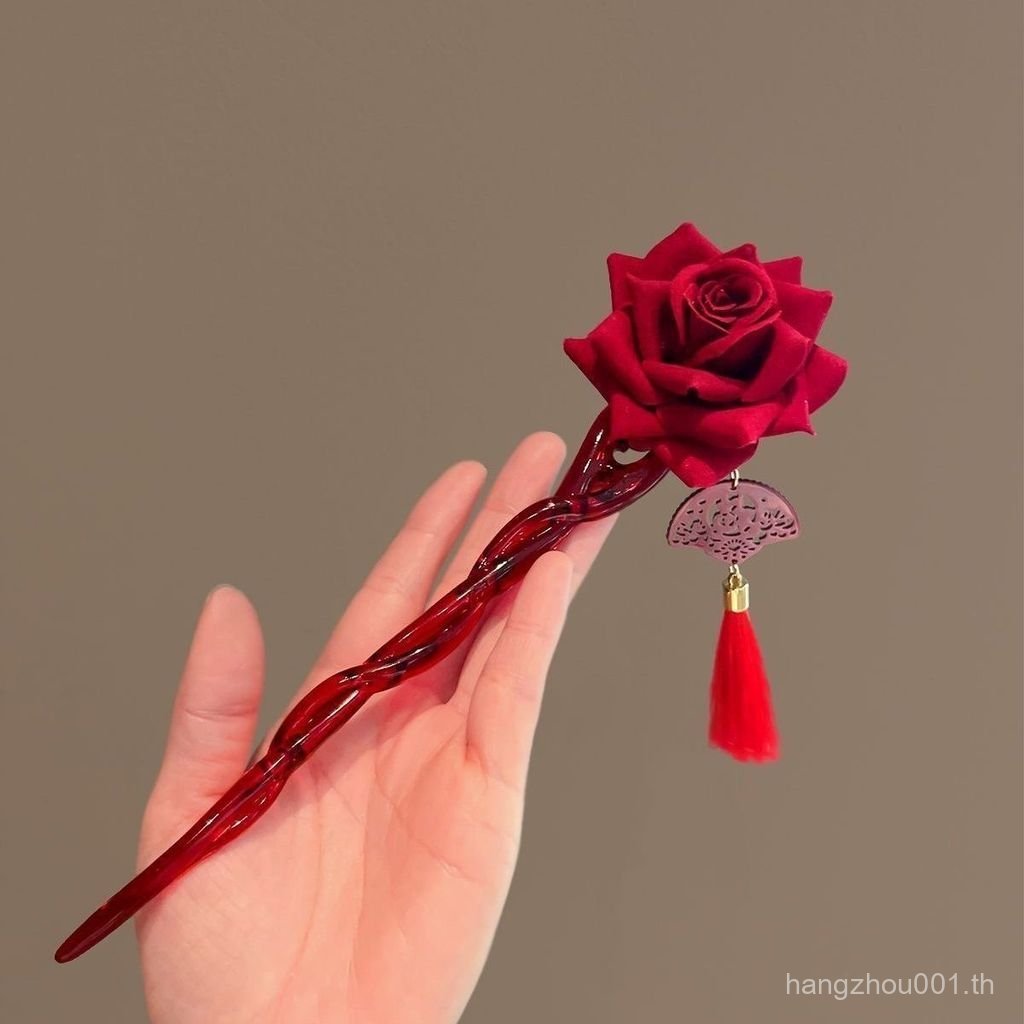 Retro High-End Red Rose Hairpin Classy Coil Hairpin ดอกไม้หญิงใหม่งานรื่นเริงบรรยากาศ Hairpin หัวดอกไม้อุปกรณ์เสริมผม 8HOB