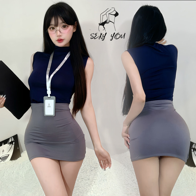 ชุดเลขา  ท็อปคอสูงแขนไร สีพื้น  รัดตัวเน้นสัดส่วน  ผ้านุ่มยืดหยุ่น  ชุดคอสเพลย์  มีหลายสีให้เลือก