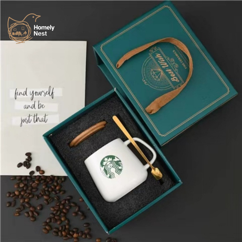 สตาร์บัคส์ถ้วยแก้วเซรามิกยุโรปที่เรียบง่าย-ถ้วยกาแฟในครัวเรือนพร้อมช้อนถ้วยอาหารเช้าขนาดเล็กของขวัญสําหรับโฮมออฟฟิศ