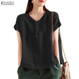 ZANZEA ใส่ ซานเซีย ผู้หญิงเกาหลีทุกวันสันทนาการรอบคอ แร็กแลน…